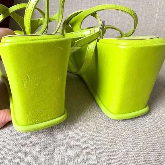 Vince Camuto Acid Lime Green Wedge Platform Leather Sandals - Picture 7 of 10